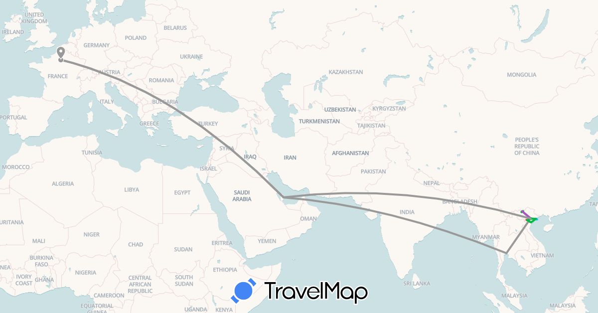 TravelMap itinerary: bus, plane, train, hiking, boat in France, Qatar, Thailand, Vietnam (Asia, Europe)